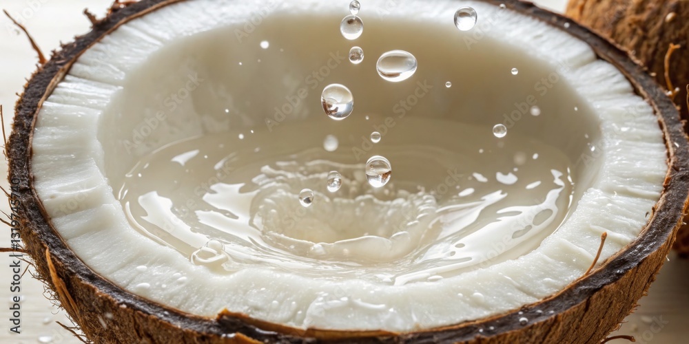 Fresh coconut halves with water splashing against the creamy flesh captured in natural light