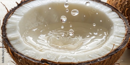 Fresh coconut halves with water splashing against the creamy flesh captured in natural light