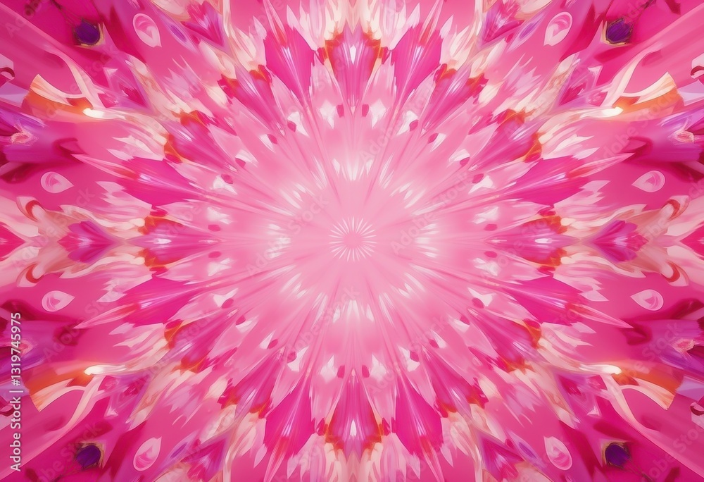 Obraz premium A vibrant retro pink kaleidoscope background, full of dynamic abstract shapes and high-energy texture, evoking nostalgic summer vibes, perfect for vintage-inspired designs