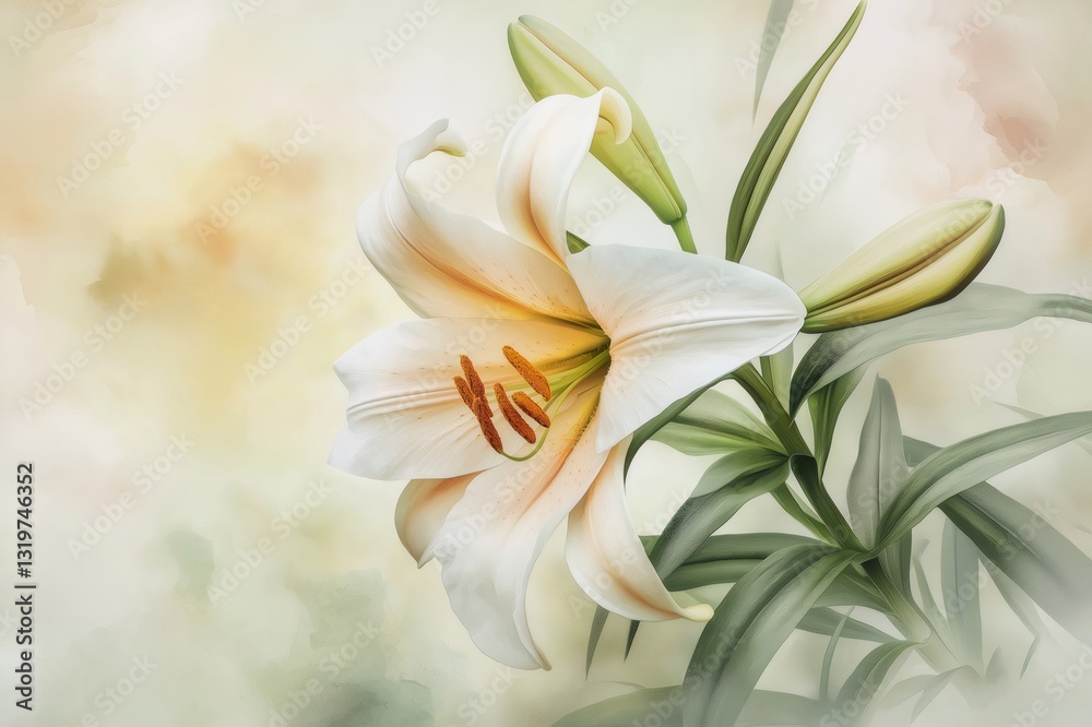 Obraz premium White easter lily blooming elegantly on light yellow background. Generative ai illustrations