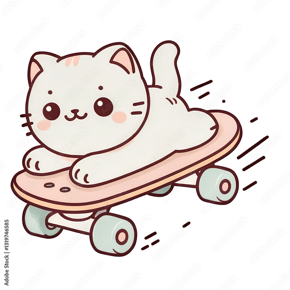 Obraz premium hand-drawn, cute, and simple illustration of an adorable cat rolling on a skateboard