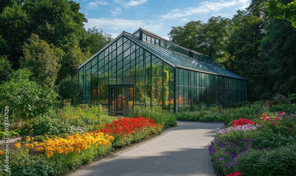 Modern glass building surrounded by landscaped greenery and flowers. Modern glass building surrounded by landscaped greenery and flowers.