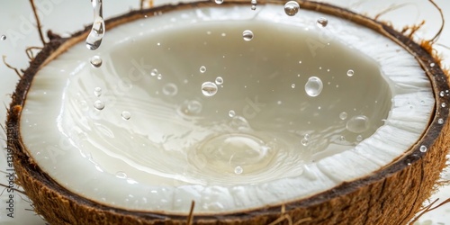 Fresh coconut water splashes from a halved coconut on a bright surface capturing the essence of tropical refreshment