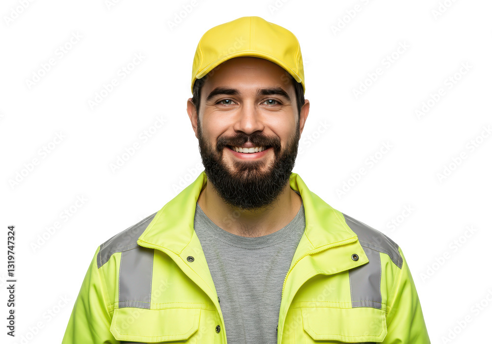 A cheerful delivery worker wearing a bright yellow high visibility work jacket isolated on transparent background A cheerful delivery worker wearing a bright yellow high visibility work jacket isolated on transparent background