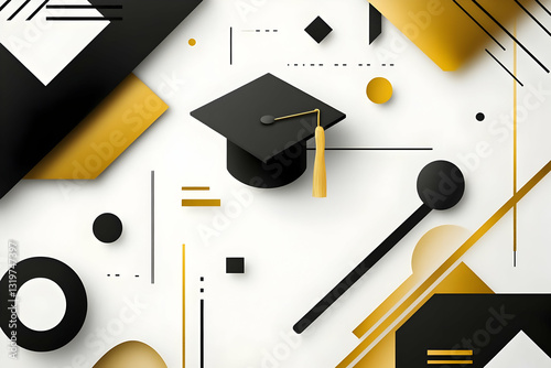 Elegant modern abstract background featuring geometric shapes and graduation icons in gold, black, and white, creating a professional and classy design
