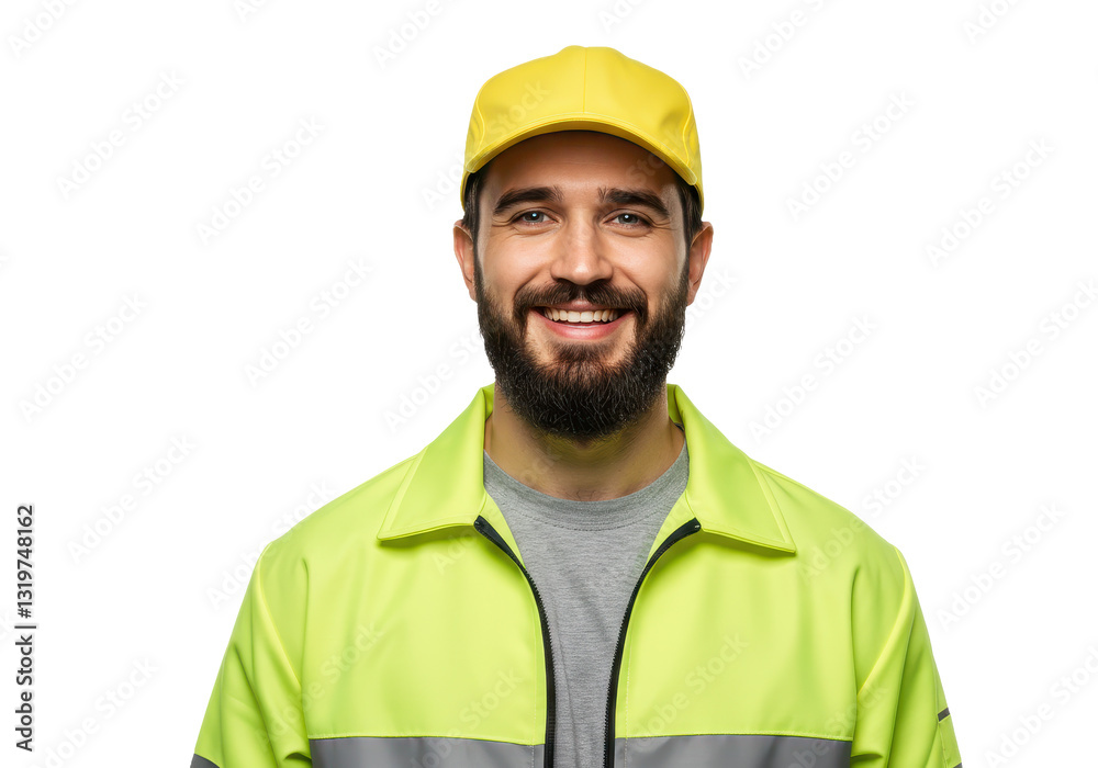 A cheerful delivery worker wearing a bright yellow high visibility work jacket isolated on transparent background A cheerful delivery worker wearing a bright yellow high visibility work jacket isolated on transparent background