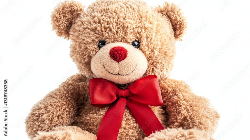 Fototapeta premium Stuffed Teddy Bear with Red Bow on White Background 