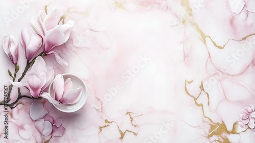 Elegant Pink Floral Marble Background with Soft Magnolia Blossoms and Golden Veins