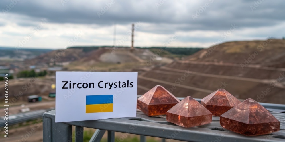 Unique zircon crystals displayed with a backdrop of a mining area in Ukraine during cloudy weather