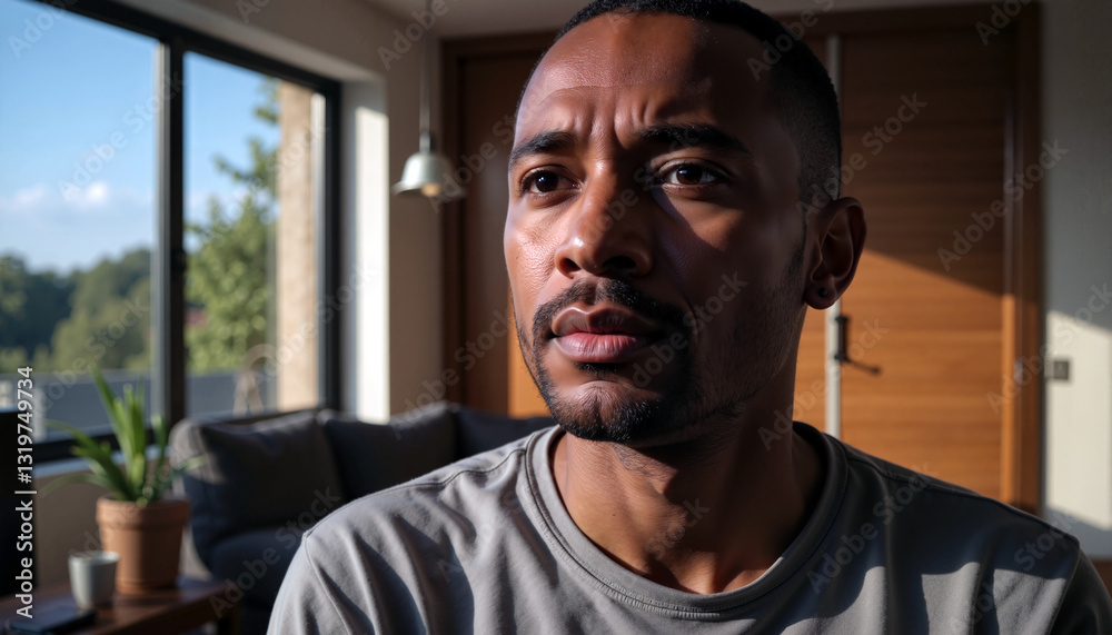 Fototapeta premium Thoughtful man sitting in sunlight after an emotional argument 