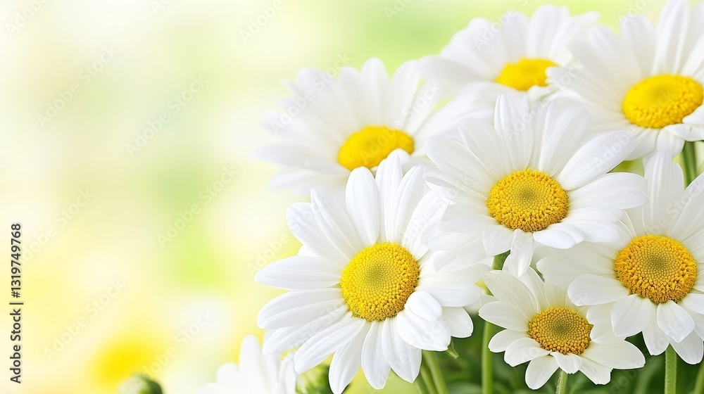 Fototapeta premium Close-up of vibrant white daisies with yellow centers against a soft green background