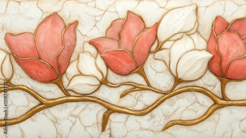 Elegant Floral Wall Art Featuring Red and White Magnolia Blooms on a Golden Branch