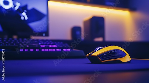 Gaming setup featuring a yellow mouse and keyboard with colorful lighting in a modern room photo