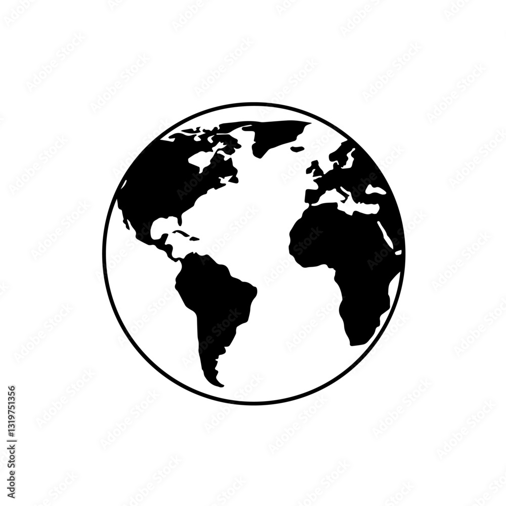 Black and white silhouette of the Earth with outlines of continents, including North and South America, Africa, Europe, and Asia, symbolizing global connection. Black and white silhouette of the Earth with outlines of continents, including North and South America, Africa, Europe, and Asia, symbolizing global connection.