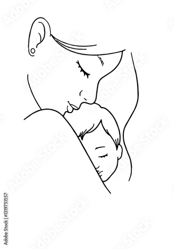 Minimalistic illustration of a woman tenderly holding her newborn baby, expressing maternal care and love in a peaceful, calm style for Mother's Day.