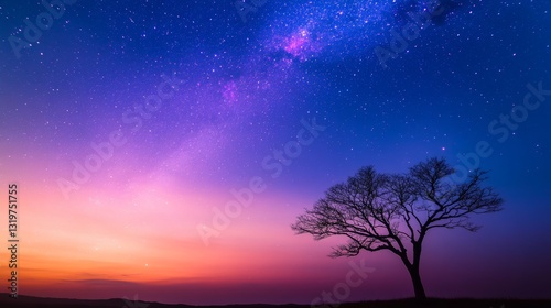 Serene twilight landscape featuring a solitary tree under a starry sky at dusk
