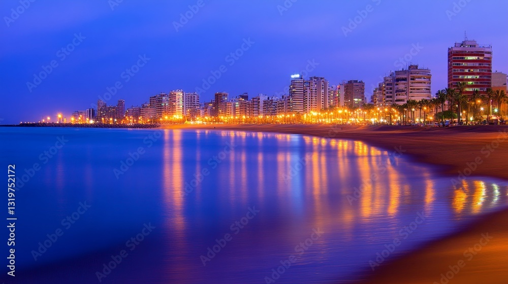 Serene beach at twilight showcasing a vibrant city skyline and calm waters reflecting light Serene beach at twilight showcasing a vibrant city skyline and calm waters reflecting light