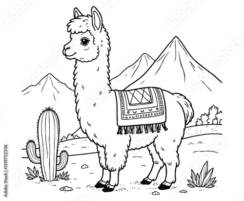 Fluffy Alpaca with Blanket in Mountain Coloring Page for kids