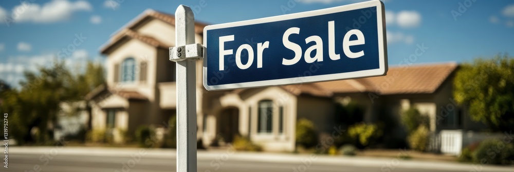 Obraz premium Real estate sign indicates beautiful home for sale in sunny neighborhood