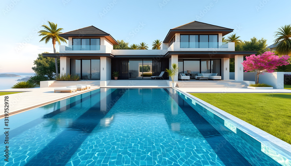 Fototapeta premium Exterior design of pool villa, house and home feature infinity swimming pool and garden , with white tonespng