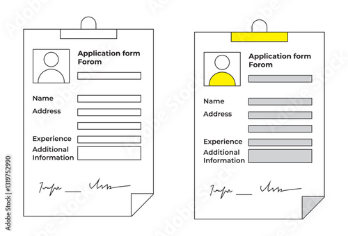 Application Job Form vectors, A vector business illustration depicting small characters completing a job application form. Individuals are shown taking exams and assessments, as well as reviewing.