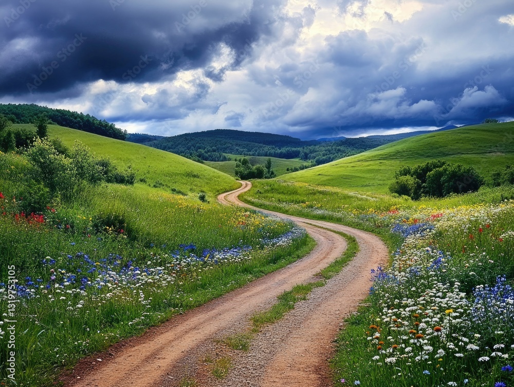 Obraz premium A dirt road through a lush green field, flanked by wildflowers