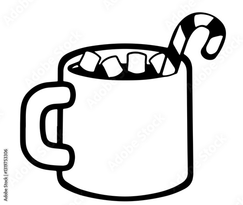 White ceramic mug with hot chocolate, marshmallow cubes, and a striped candy cane, symbolizing cozy winter vibes and holiday sweetness