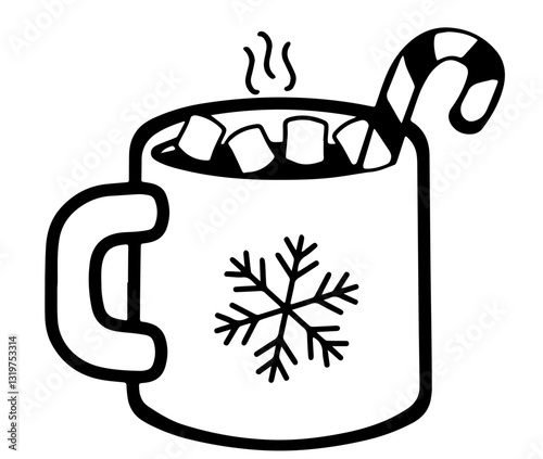 Winter mug with a snowflake design, filled with hot traditional chocolate, marshmallow cubes, and a candy cane, with rising steam.