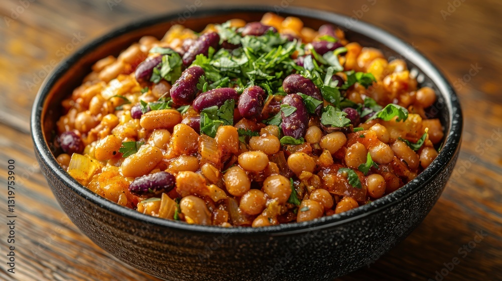 Hearty bean stew in bowl on wooden table Hearty bean stew in bowl on wooden table