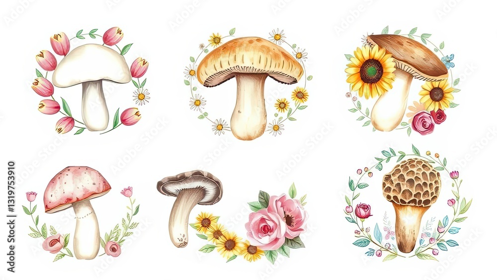 Watercolor Mushrooms Flowers Botanical Illustration Set