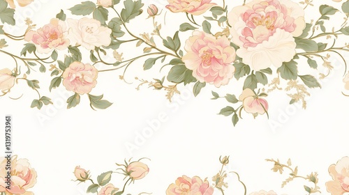 Elegant Vintage Floral Pattern with Soft Pink Roses and Green Leaves on Cream Background – Classic Botanical Wallpaper Design
