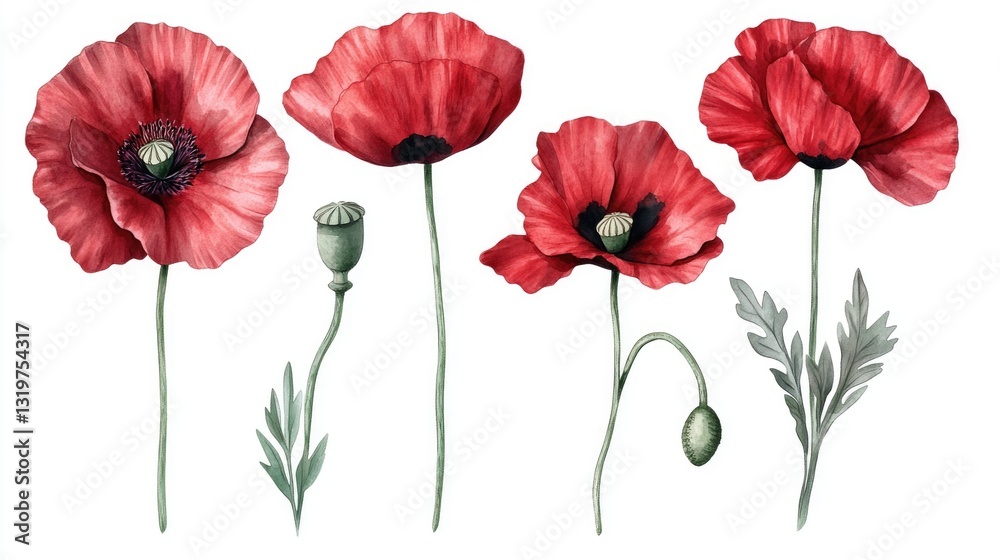 Obraz premium A collection of poppy flowers in different growth stages.