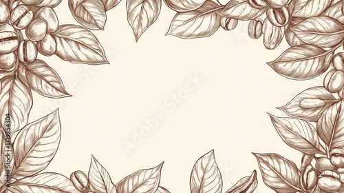 Wallpaper Mural Coffee shop poster. Drawing leaves, hand drawn beans or roasted arabica grains. Cafe branding, vintage sketch plants frame vector template Torontodigital.ca