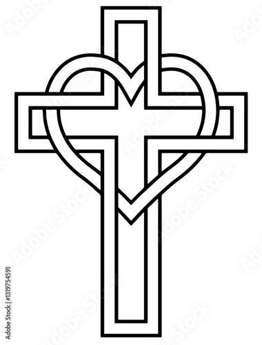 Christian cross symbol intertwined with a heart, symbolizing love, faith, and devotion in Christianity, representing a deep spiritual connection to God and divine grace.