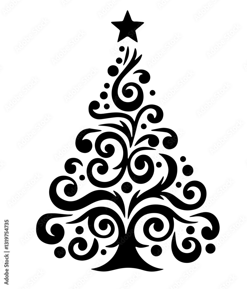 Christmas Tree in Decorative Swirls and Circles with a Star on Top Christmas Tree in Decorative Swirls and Circles with a Star on Top