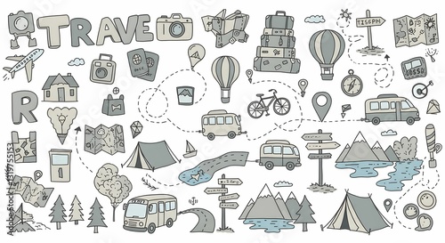 Travel doodle illustrations, destination icons, adventure and discovery concept