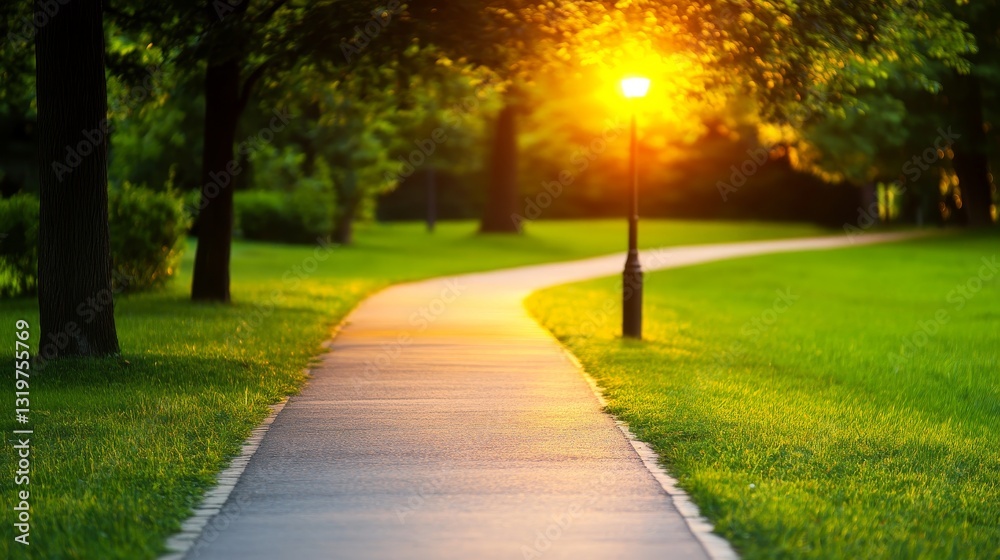 Obraz premium Serene park pathway illuminated by sunset, surrounded by lush greenery and trees