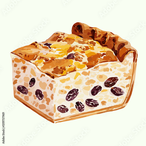 Watercolor Illustration of Cottage Cheese Cake with Raisins