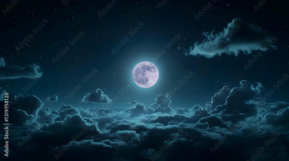 Pixelated Full Moon Shining Among Floating Clouds And Twinkling Stars In A Dark Blue Night Sky