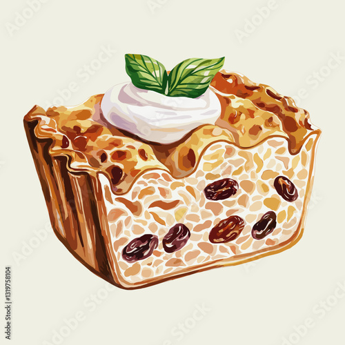 Watercolor Illustration of Cottage Cheese Cake with Raisins