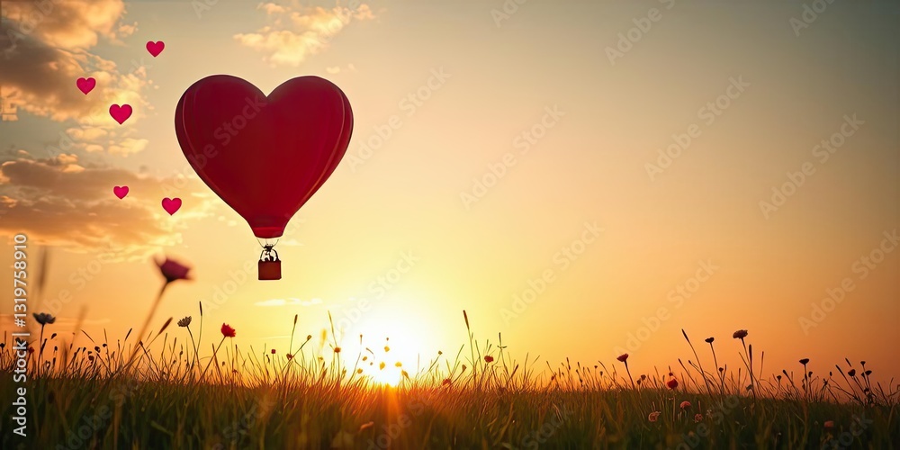 Fototapeta premium Heart Shaped Hot Air Balloon Sunset Romance Love