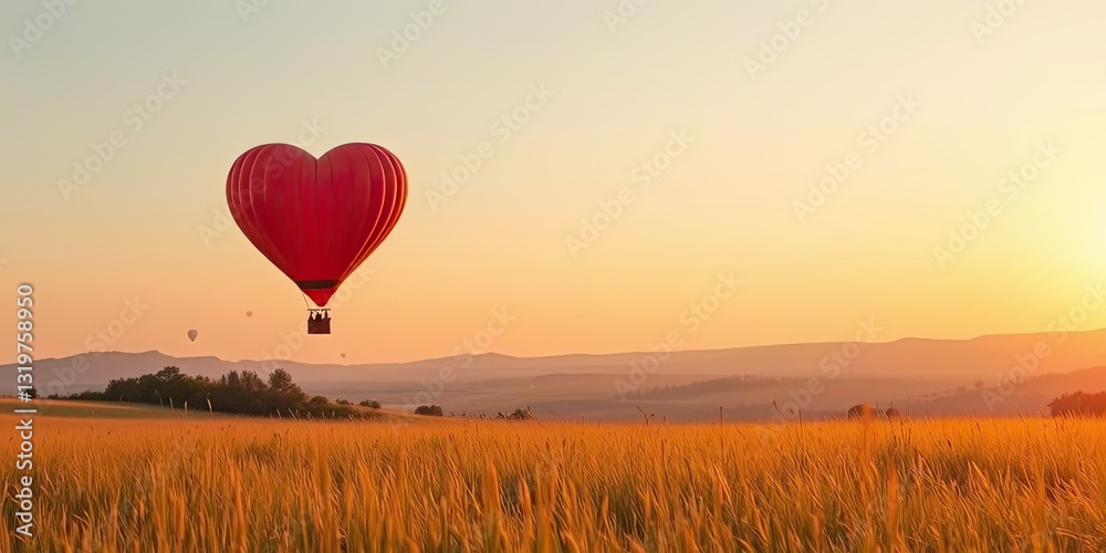 Fototapeta premium Romantic Heart Shaped Hot Air Balloon Sunset over Golden Field