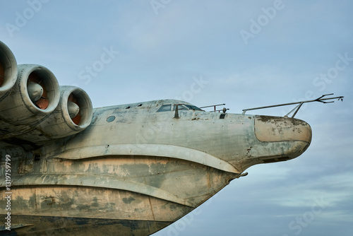 Detail of the abandoned Soviet Lun-class ekranoplan on the coast of the Caspian Sea. Dagestan. Russia