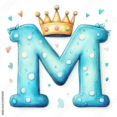 Watercolor illustration of M adorned with a cute crown