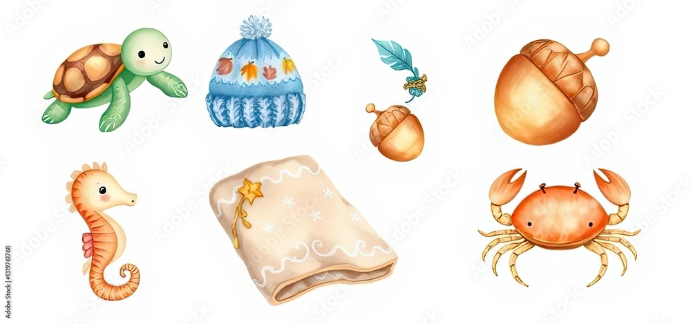 Naklejka premium Adorable Watercolor Animals Autumn Elements Cute Sea Creatures Winter Hat Acrons Blanket