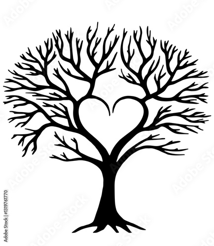 Black Tree with Bare Branches Forming a Heart Shape at the Center, Symbolizing Love, Connection, and Nature's Beauty