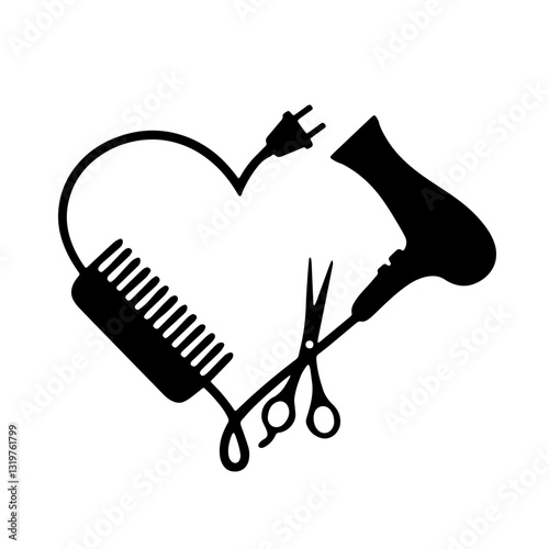 Silhouette of Heart Made from Hairdressing Tools: Comb, Scissors, and Hair Dryer, Representing Love for Hairdressing and Beauty