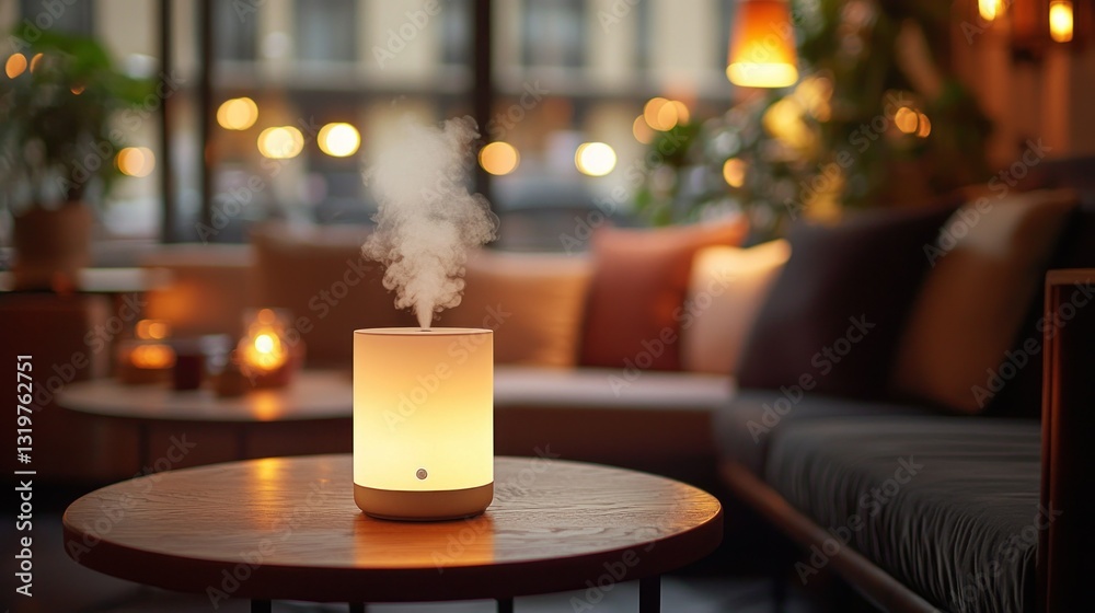 Illuminated diffuser softly emits fragrant vapor in cozy room Illuminated diffuser softly emits fragrant vapor in cozy room