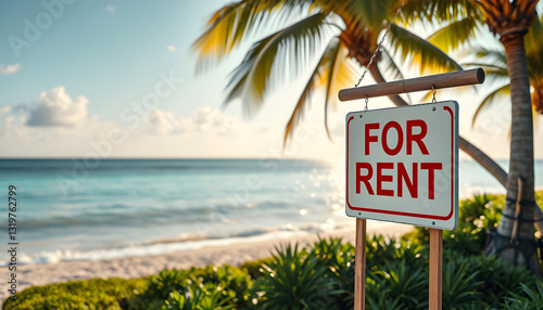 For rent sign with tropical beach in background. Ocean front vacation rental property , with white tonespng photo