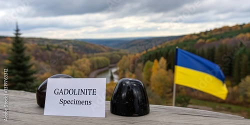 Display of gadolinite specimens against a scenic Ukrainian autumn landscape with flag